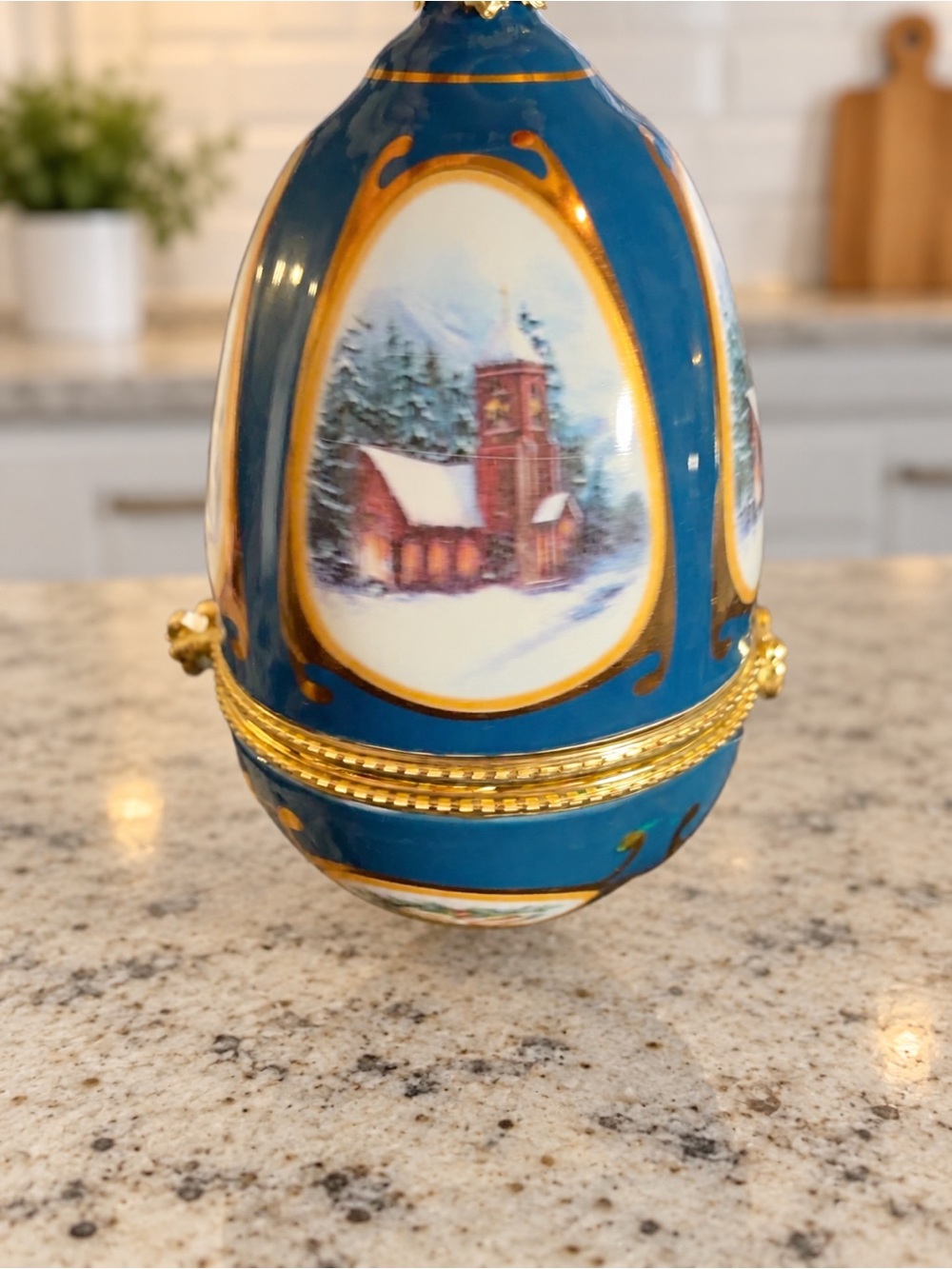 Blue Gold Christmas Church Egg Ornament Hinged Trinket Box Musical Untested